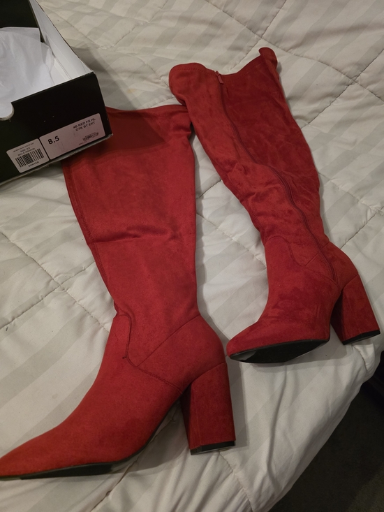Torrid Curve Shoes - Torrid 8.5 Red Suede Knee-High Block Heel Boots, Wide Calf Approved.